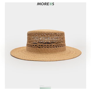 春夏手工复古拉菲草帽度假草帽女镂空编织平顶礼帽沙滩遮阳防晒帽