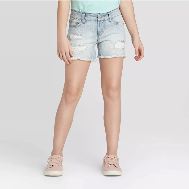 夏季新款女童弹力牛仔短裤破洞流苏刺绣浅蓝色中大童高中学生洋气
