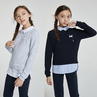 女童秋新款学院风假两件卫衣中大童学生外套 外贸猫咪上衣中长款