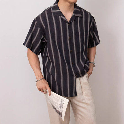 能盟日系莱赛尔条纹短袖衬衫男夏季轻薄慵懒感男装短袖衬衫