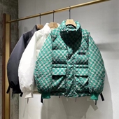 男潮牌美式 棋盘格子撞色复古面包外套 高档加厚90绒白鸭绒羽绒服