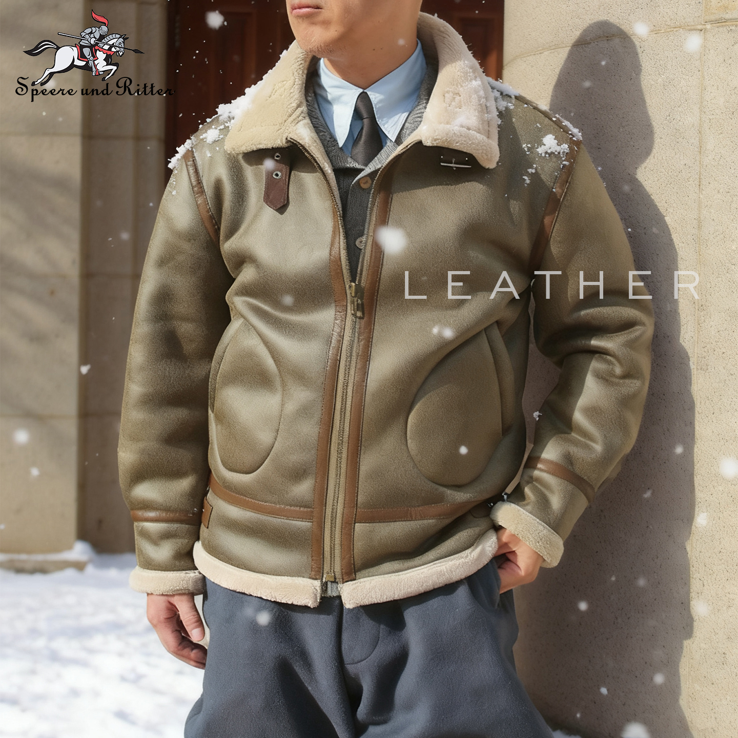 翻领皮毛一体外套冬季浅绿色机车