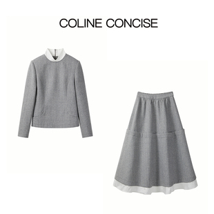 COLINE CONCISE 小众设计师浅灰人字斜纹外套半裙套装25FW