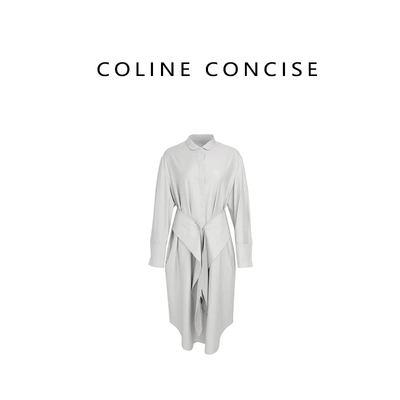 COLINE CONCISE 25SS时髦灰白设计感翻领腰带连衣裙
