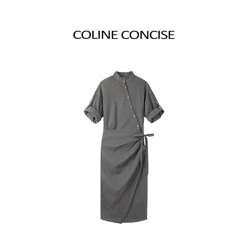 COLINE CONCISE  黑白格纹立领斜褶天丝醋酸立裁衬衫连衣裙