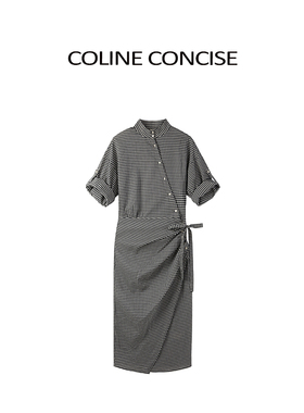 COLINE CONCISE  黑白格纹立领斜褶天丝醋酸立裁衬衫连衣裙