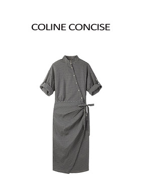 COLINE CONCISE  黑白格纹立领斜褶天丝醋酸立裁衬衫连衣裙