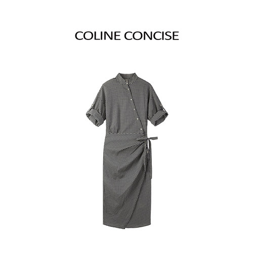 COLINE CONCISE  黑白格纹立领斜褶天丝醋酸立裁衬衫连衣裙