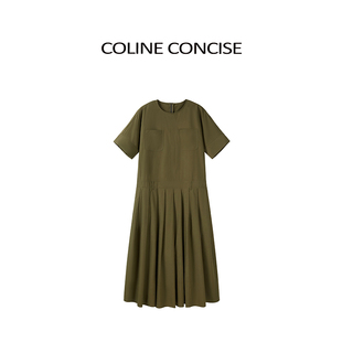 绿色工装 COLINE CONCISE 2026早春新品 连衣裙 感口袋设计百褶短袖