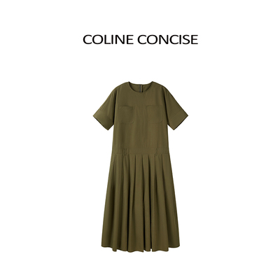 COLINE CONCISE 2026早春新品绿色工装感口袋设计百褶短袖连衣裙