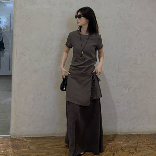 COLINE CONCISE 25SS 小众设计款不规则上衣+系带半裙套装X66091