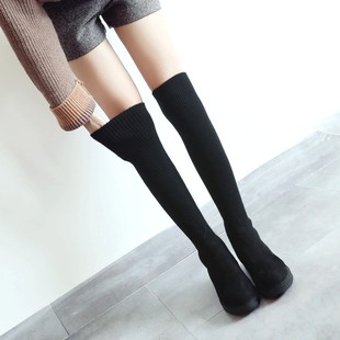 2019秋冬新款针织毛线筒弹力袜靴女粗跟过膝长靴女显瘦靴大码