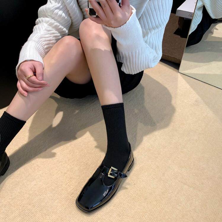 2022春季新款英伦风港味黑色小皮鞋低跟平底玛丽珍一字扣单鞋女