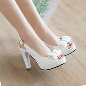 仙女风粗跟鱼嘴凉鞋 防水台后空 新款 蝴蝶结甜美高跟女鞋 子2019夏季