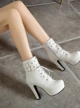 秋冬欧美马丁靴粗跟短靴超高跟11CM女靴防水台系带拉链47 48 49女