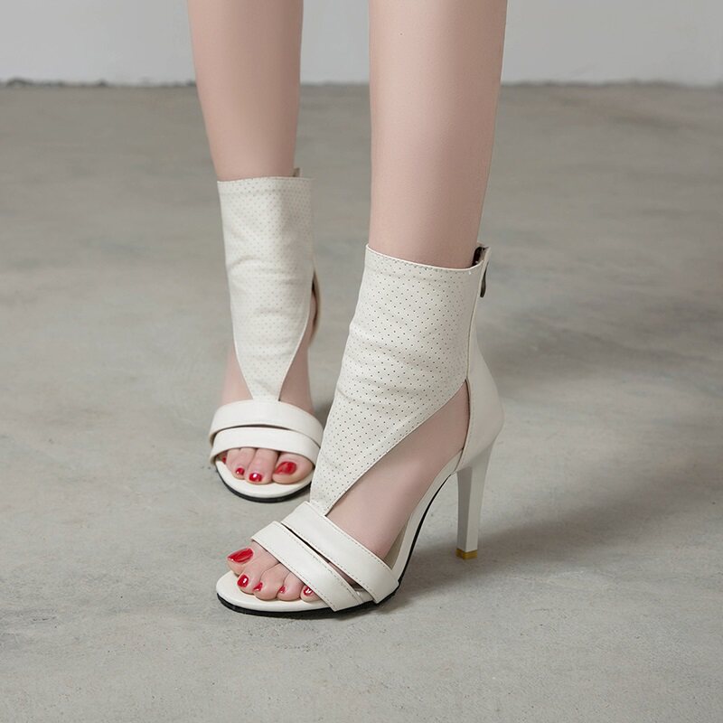 春夏新款凉鞋女时尚细跟漏趾t型绑带女鞋后拉链性感超高跟凉靴子