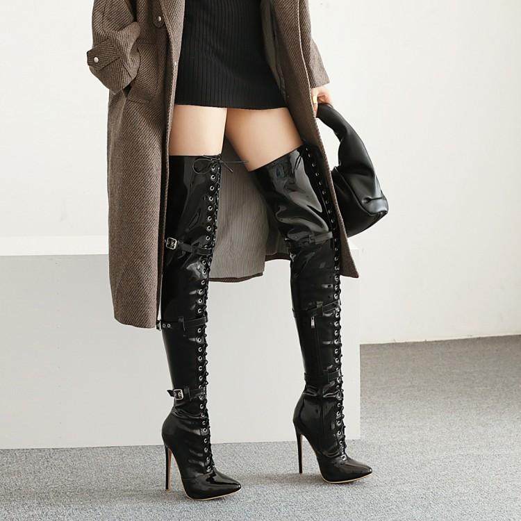 欧美时尚秋冬新款长靴女过膝靴超高跟性感车模亮皮夜店细跟骑士靴