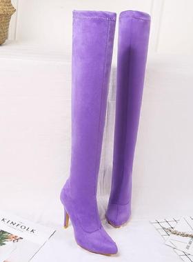 粉色过膝靴黄色长靴紫色高跟靴尖头显瘦弹力靴大码44 45 46 47 48