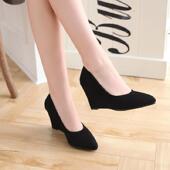 职业尖头高跟鞋 磨砂春季 浅口百搭工作鞋 女黑色平底鞋 女鞋 坡跟单鞋