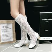 春季 夏季 镂空靴子女长靴中跟网靴洞洞凉靴蕾丝靴2018新款 夏天高筒