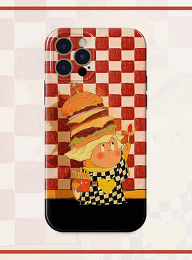 汉堡精灵格子17适用iPhone16pro Max苹果15原创14Plus精孔13艺术12个性11手机壳全包壳防摔小众创意ins风红色