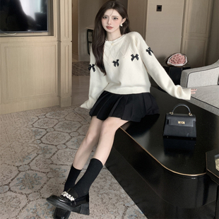 宽松ns百搭 女套头针织衫 慵懒圆领风秋季 可爱风蝴蝶结法式