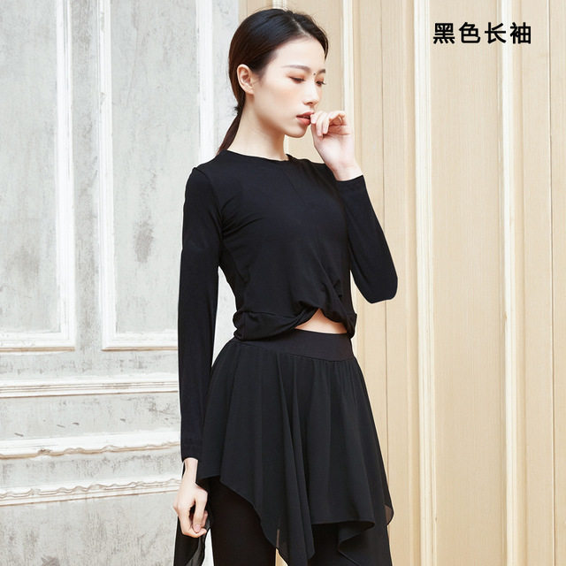 速发舞丁舞练功服打结纯领长袖上衣圆色成人拉蹈服健美操服装秋