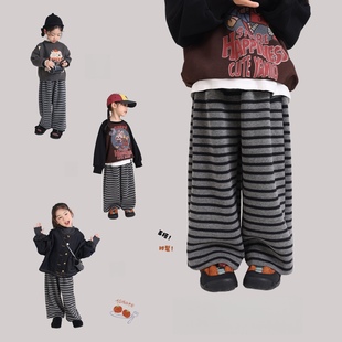 秋冬女童裤子加绒2025新款外穿百搭加厚洋气条纹直筒裤儿童休闲裤