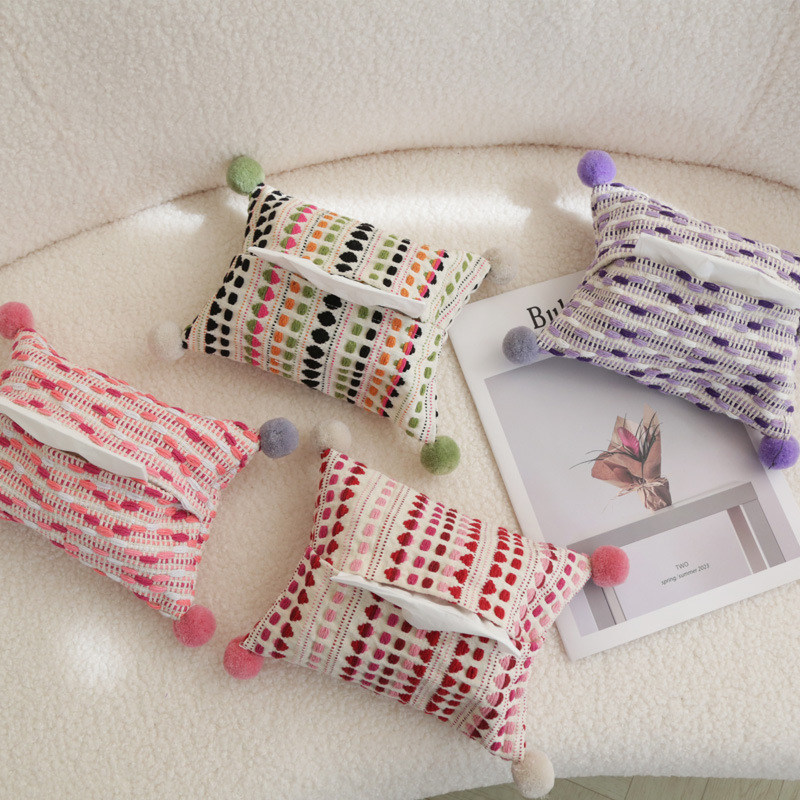 ins彩色少女毛球纸巾盒厚实布艺