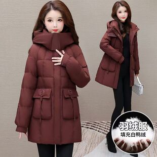 中长款连帽羽绒服女连帽冬季新款加厚保暖修身白鸭绒显瘦外套袄子