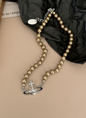 日韩风ins网红同款秋冬灰色珍珠土星吊坠薇薇安个性百搭时尚项链