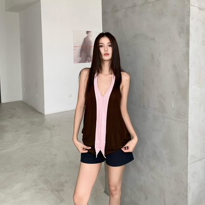 RUSTLE撞色天丝美丽诺羊毛挂脖v领露背吊带背心