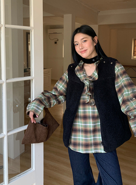 RUSTLE INTERLUDE格纹内里百搭秋冬保暖羊羔绒双面马甲外套上衣女