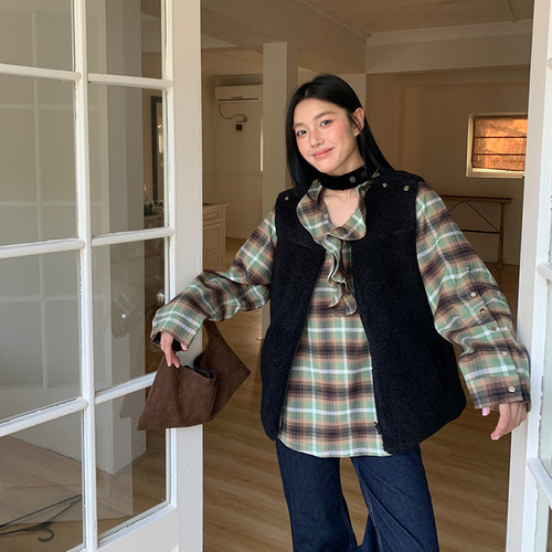 RUSTLE格纹内里百搭秋冬保暖羊羔绒双面马甲外套上衣女