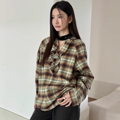 RUSTLE荷叶边磨毛全棉绿格纹衬衫 上衣女 长袖