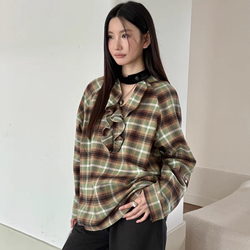 RUSTLE荷叶边磨毛全棉绿格纹衬衫长袖上衣女