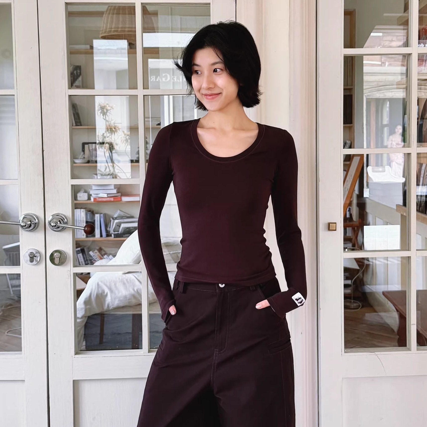 RUSTLE 圆领紧身弹力长袖打底衫女秋冬显瘦内搭上衣修身T恤,女装/女士精品,T恤,淘宝优惠券,粉丝福利购,淘宝优惠卷