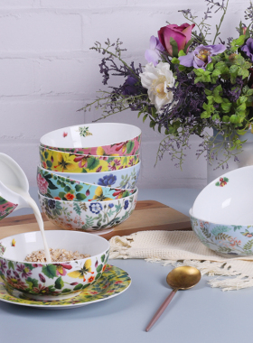 英国DG盛夏繁花燕麦碗四件套16cm面碗高端品牌O型碗釉中彩陶瓷碗