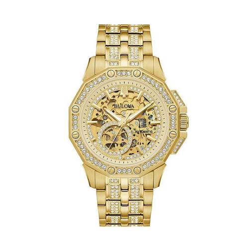 海外代购BULOVA/宝路华男士手表欧美腕表镂空表盘镶钻自动机械