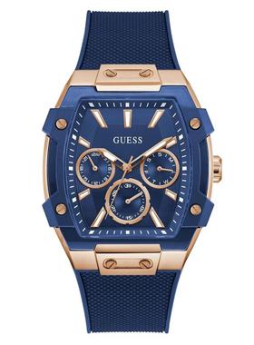 代购GUESS男士腕表计时日期24小时多功能蓝色硅胶金属多表盘商务