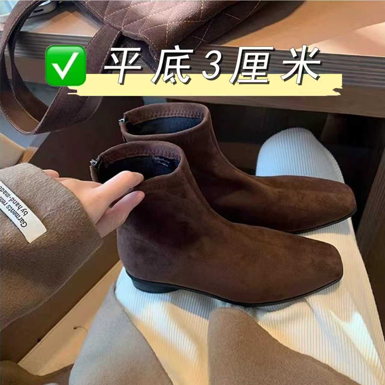 方头马丁靴女绒面切尔西短靴