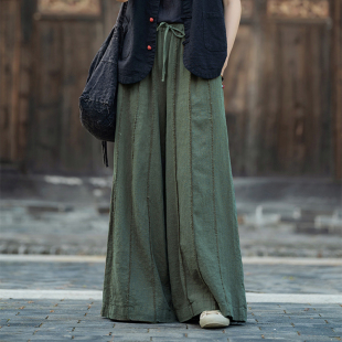 旅行禅修阔腿系绳拼接裙裤 个性 女宽松百搭做旧磨毛长裤 棉麻休闲裤