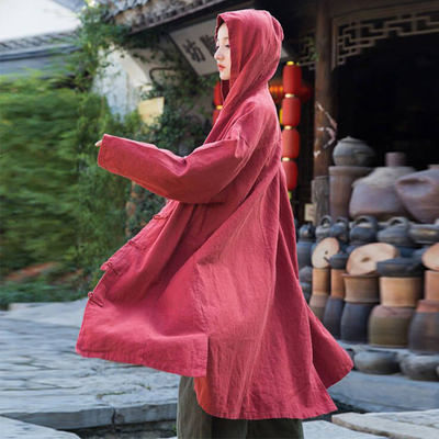 原创长袖连帽中长款文艺盘扣外套