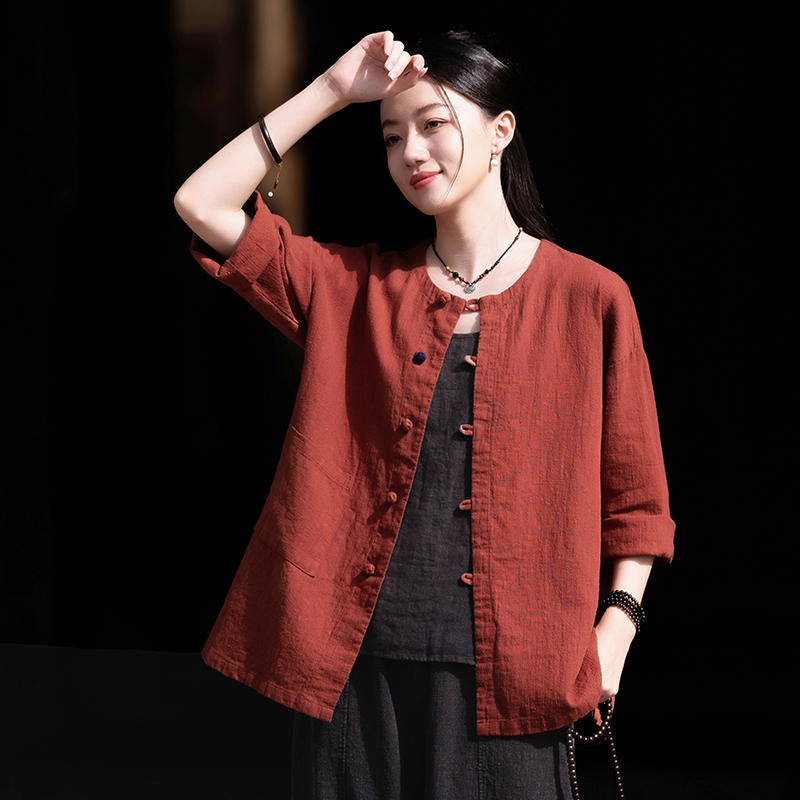 棉麻宽松中式开衫中袖亚麻盘扣
