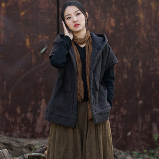 唐装女国风高端夹棉短袖马甲新中式秋冬新款盘扣加厚坎肩连帽棉衣