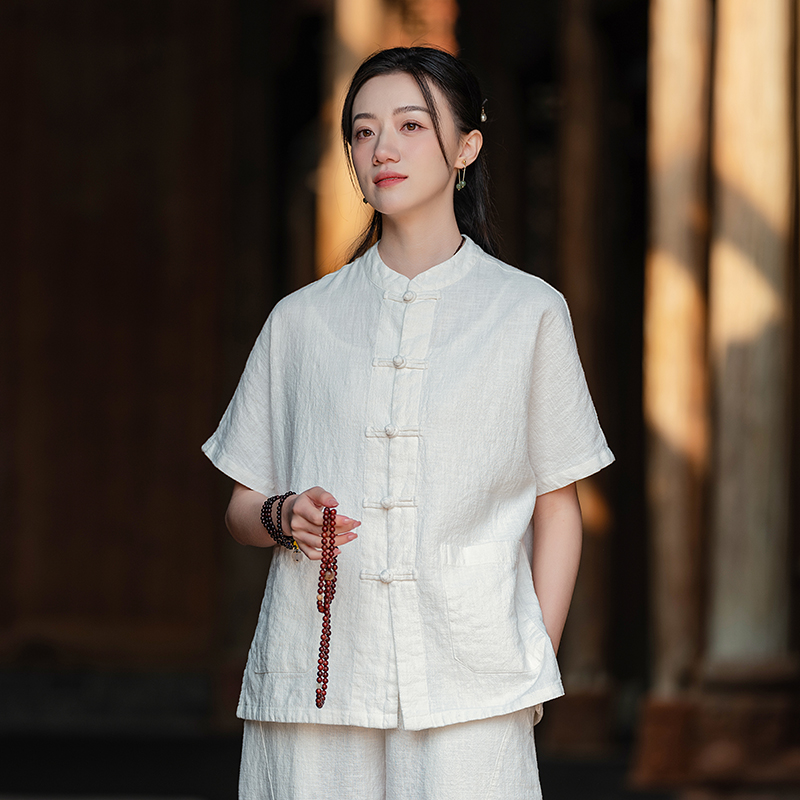 新中式盘扣短袖太极服高端表演太极拳练功服棉麻苎麻女开衫夏薄夏