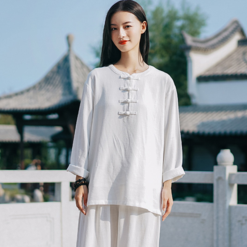 太极服居士服女装秋款棉麻中式套装盘扣复古佛系禅修服茶服两件套