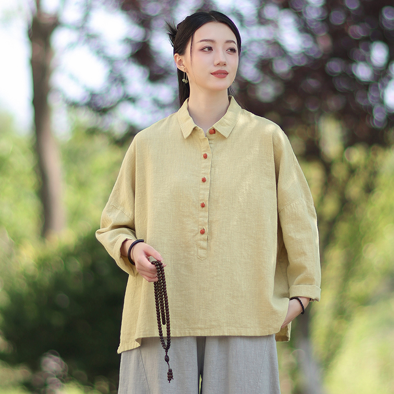 苎麻复古新中式衬衫女春秋2025新款棉麻国风禅意茶服长袖短款上衣