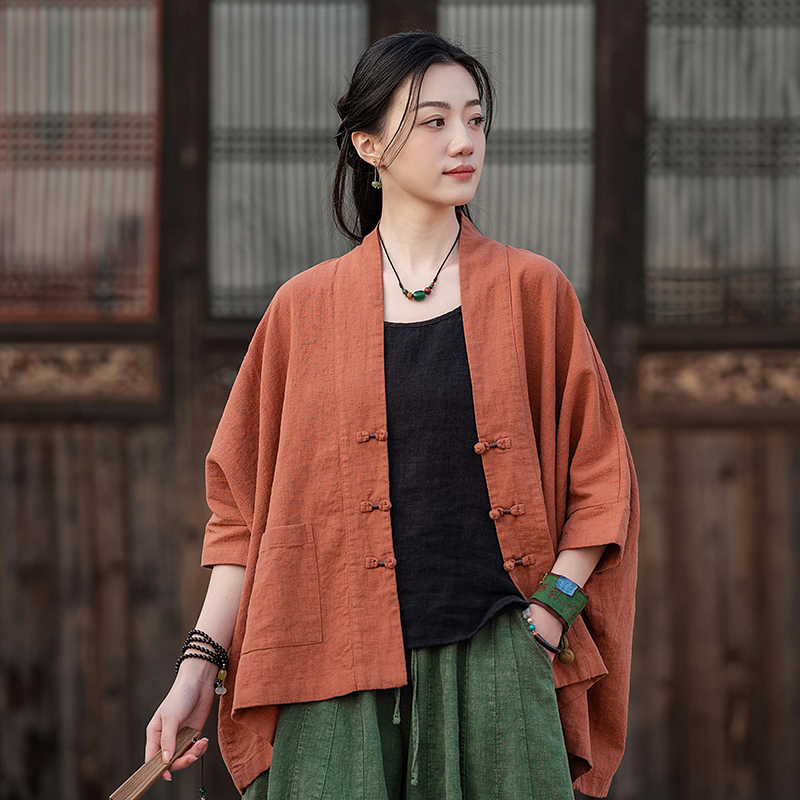新中式苎麻上衣女2025年新款禅意棉麻女装撞色盘扣蝙蝠衬衫外套