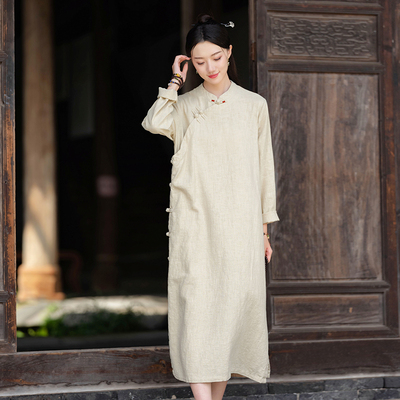 中式连衣裙棉麻纯色盘扣侧开叉